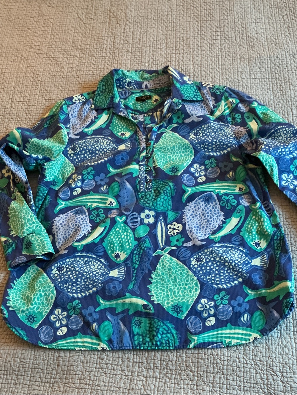 Talbots 100% Cotton Blue and Teal Fish Print Long Sleeve Top